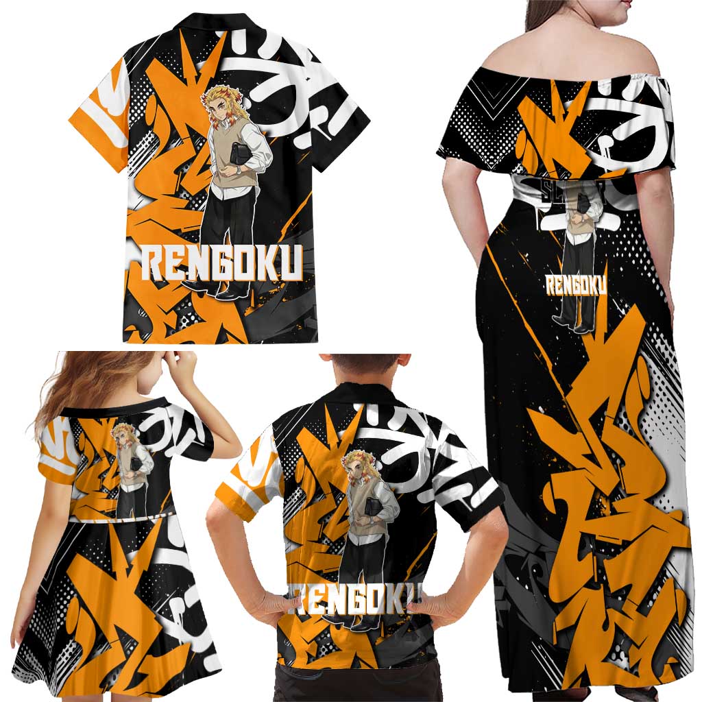 Kyojuro Rengoku Demon Slayer Family Matching Off Shoulder Maxi Dress and Hawaiian Shirt Orange & Black Graffiti Anime