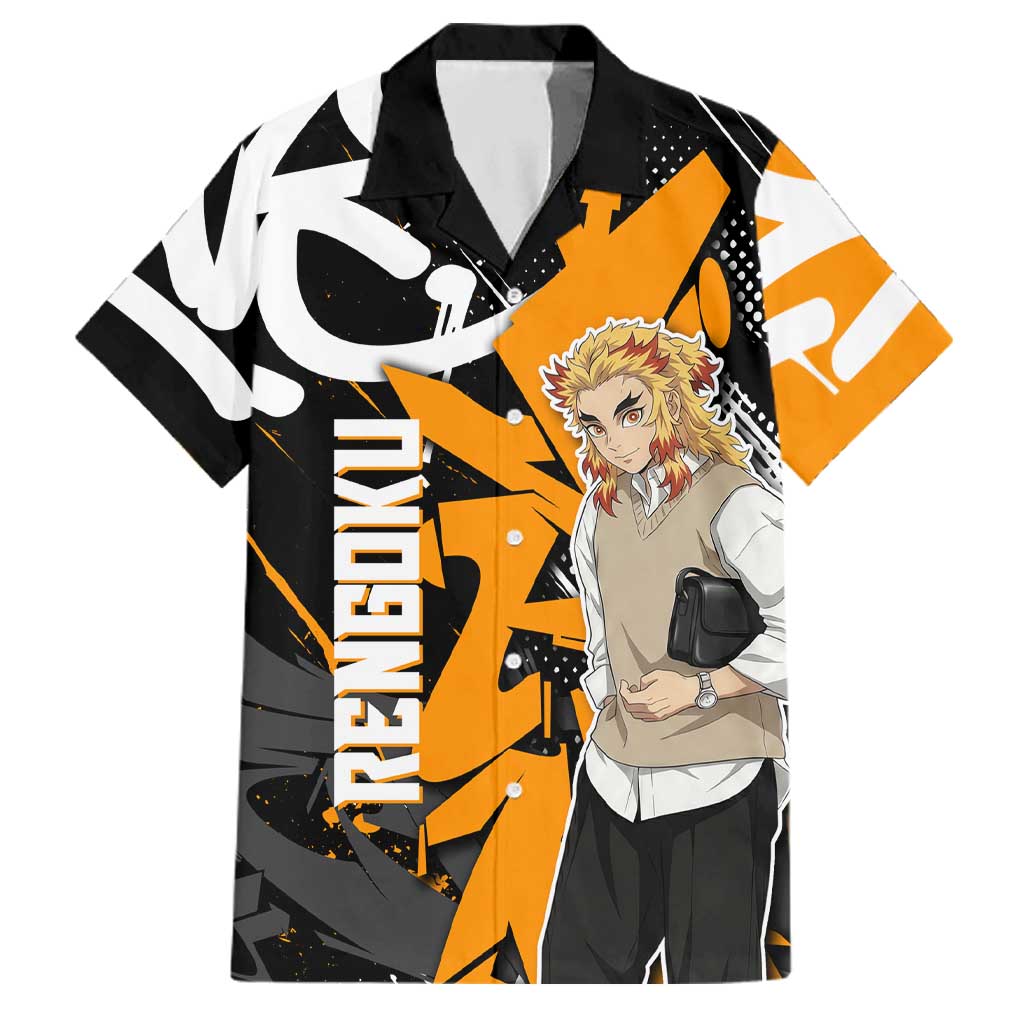 Kyojuro Rengoku Demon Slayer Family Matching Off Shoulder Maxi Dress and Hawaiian Shirt Orange & Black Graffiti Anime