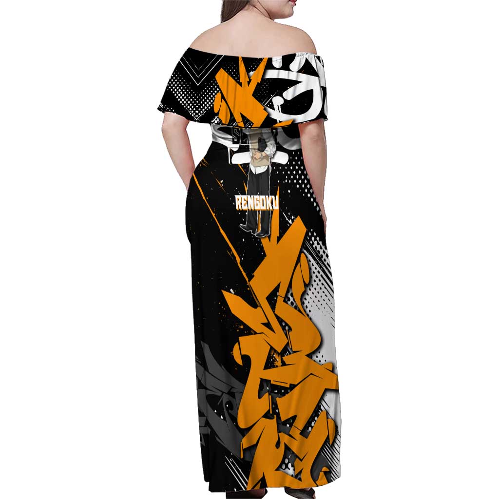 Kyojuro Rengoku Demon Slayer Family Matching Off Shoulder Maxi Dress and Hawaiian Shirt Orange & Black Graffiti Anime