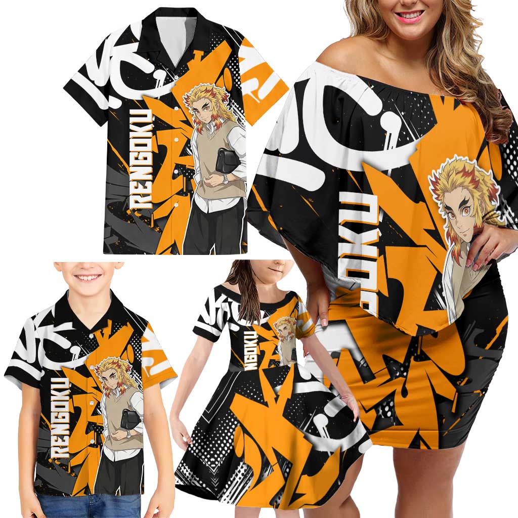 Kyojuro Rengoku Demon Slayer Family Matching Off Shoulder Short Dress and Hawaiian Shirt Orange & Black Graffiti Anime