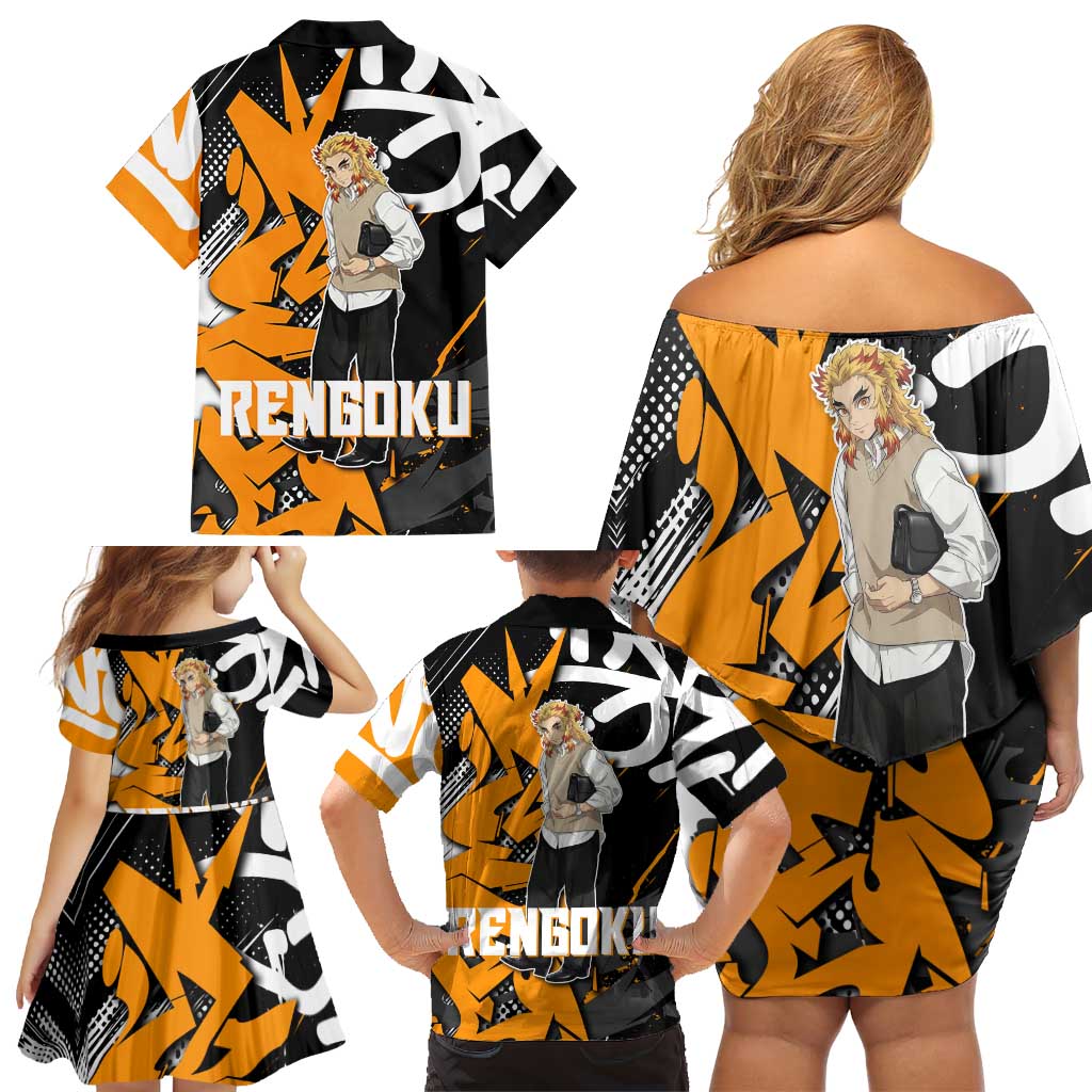 Kyojuro Rengoku Demon Slayer Family Matching Off Shoulder Short Dress and Hawaiian Shirt Orange & Black Graffiti Anime