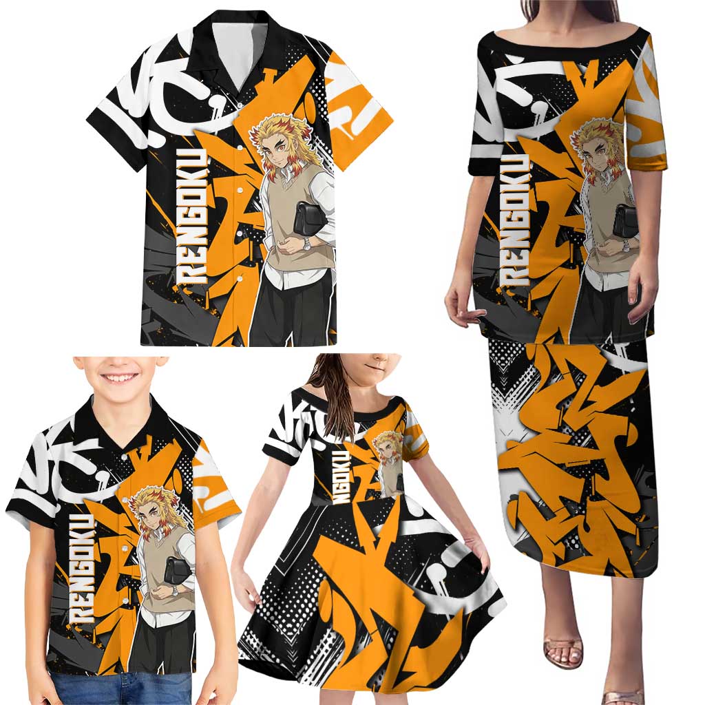 Kyojuro Rengoku Demon Slayer Family Matching Puletasi and Hawaiian Shirt Orange & Black Graffiti Anime