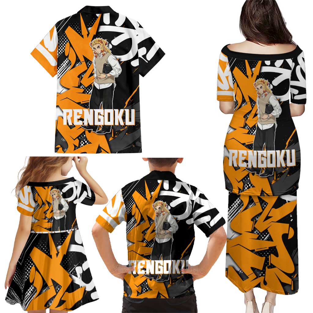 Kyojuro Rengoku Demon Slayer Family Matching Puletasi and Hawaiian Shirt Orange & Black Graffiti Anime