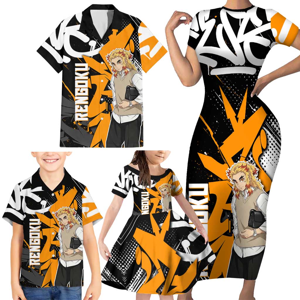 Kyojuro Rengoku Demon Slayer Family Matching Short Sleeve Bodycon Dress and Hawaiian Shirt Orange & Black Graffiti Anime