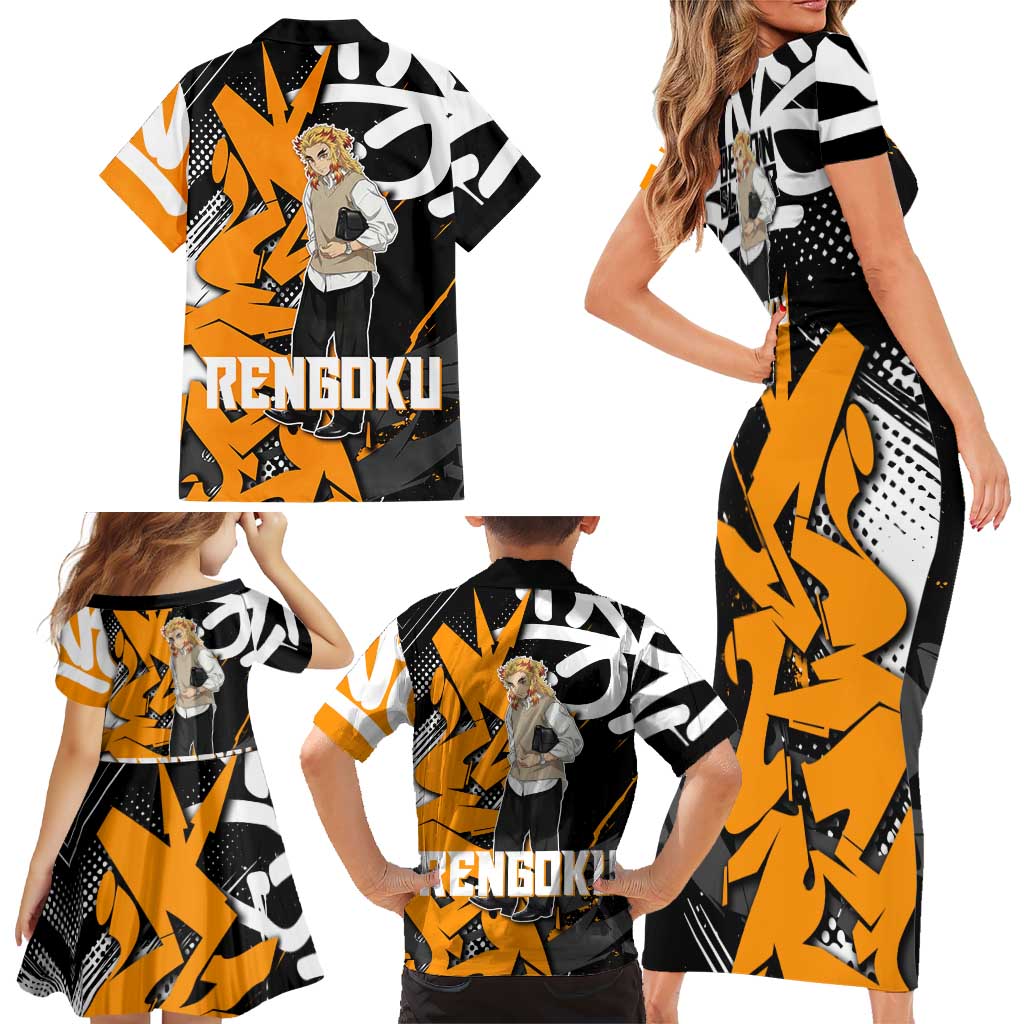 Kyojuro Rengoku Demon Slayer Family Matching Short Sleeve Bodycon Dress and Hawaiian Shirt Orange & Black Graffiti Anime