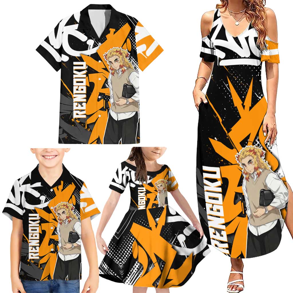 Kyojuro Rengoku Demon Slayer Family Matching Summer Maxi Dress and Hawaiian Shirt Orange & Black Graffiti Anime