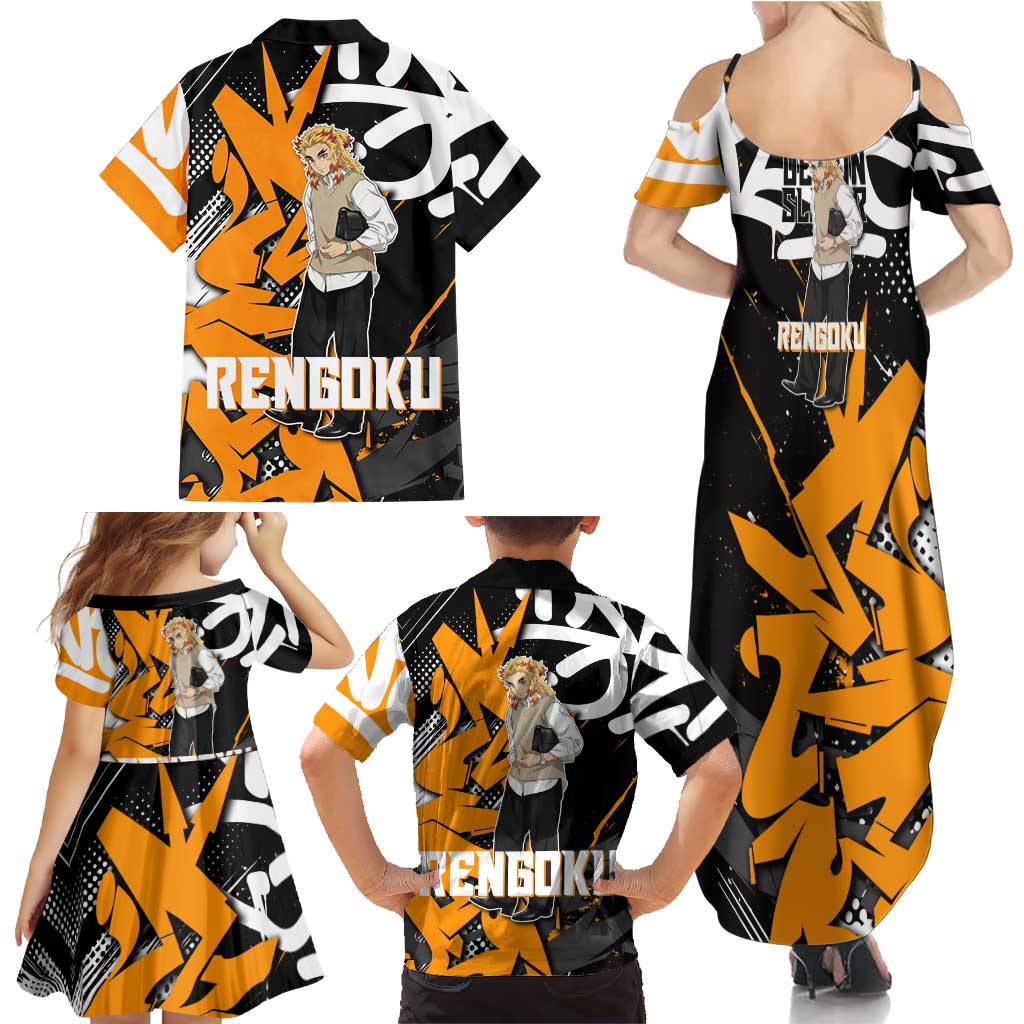 Kyojuro Rengoku Demon Slayer Family Matching Summer Maxi Dress and Hawaiian Shirt Orange & Black Graffiti Anime