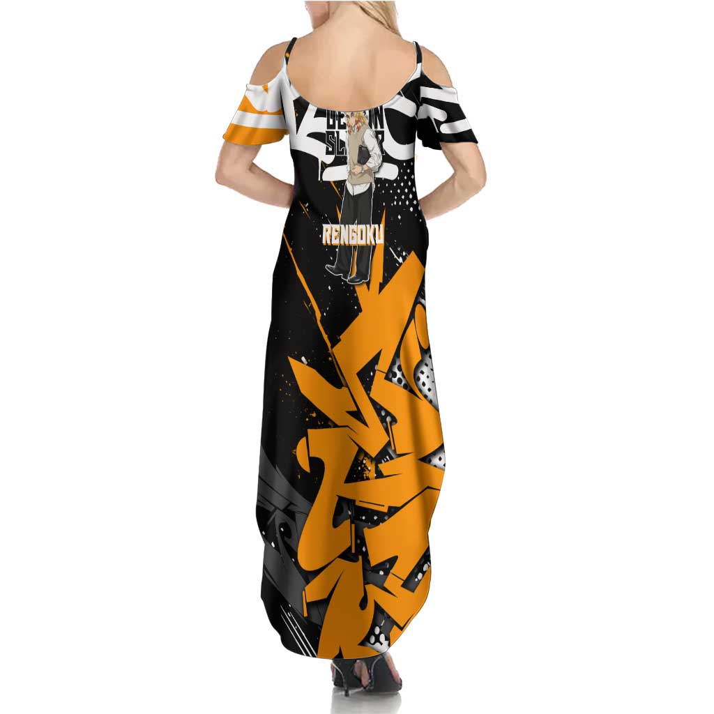 Kyojuro Rengoku Demon Slayer Family Matching Summer Maxi Dress and Hawaiian Shirt Orange & Black Graffiti Anime