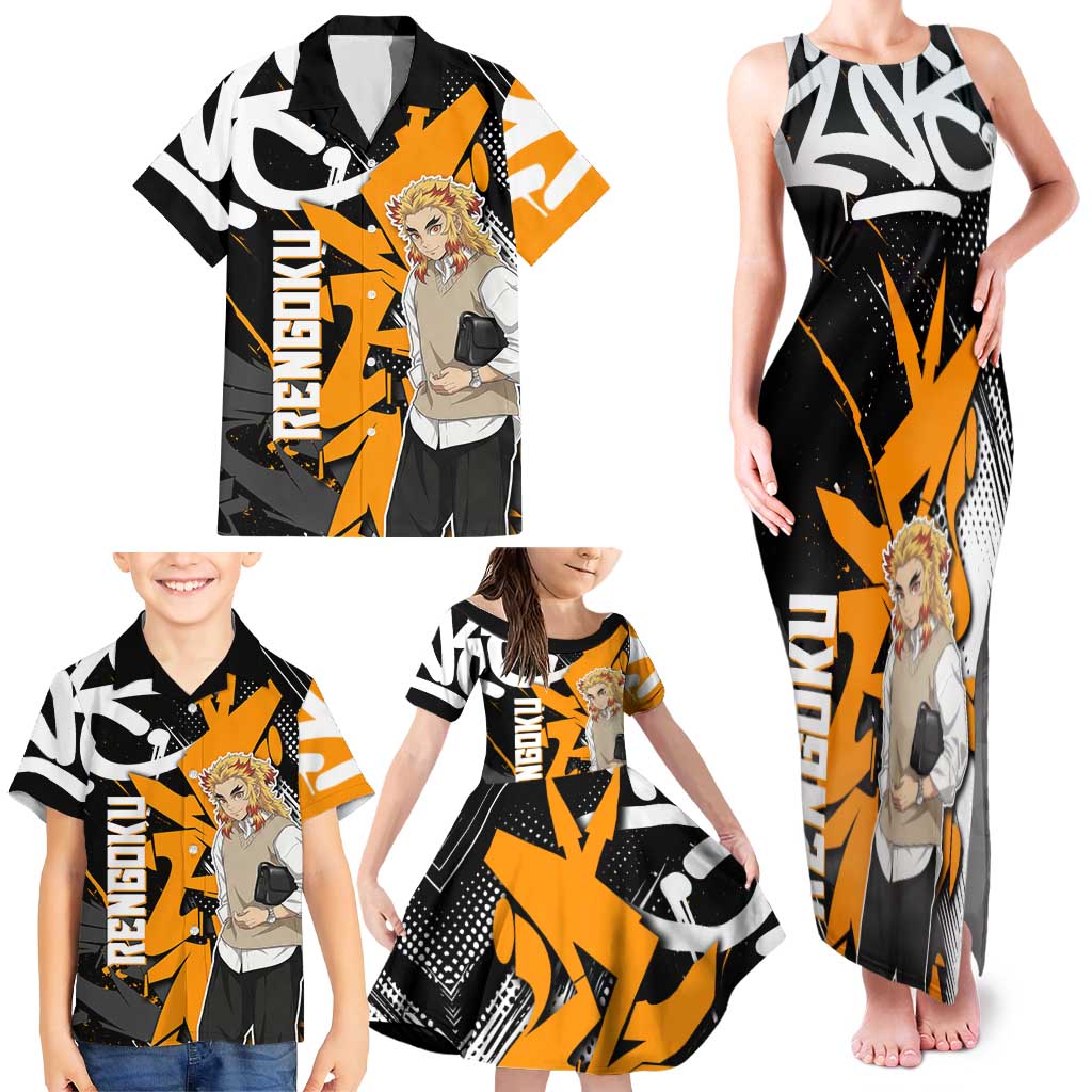 Kyojuro Rengoku Demon Slayer Family Matching Tank Maxi Dress and Hawaiian Shirt Orange & Black Graffiti Anime