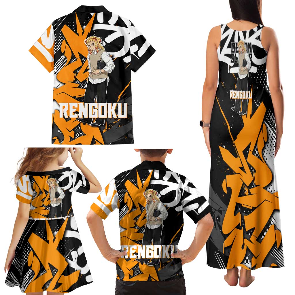 Kyojuro Rengoku Demon Slayer Family Matching Tank Maxi Dress and Hawaiian Shirt Orange & Black Graffiti Anime