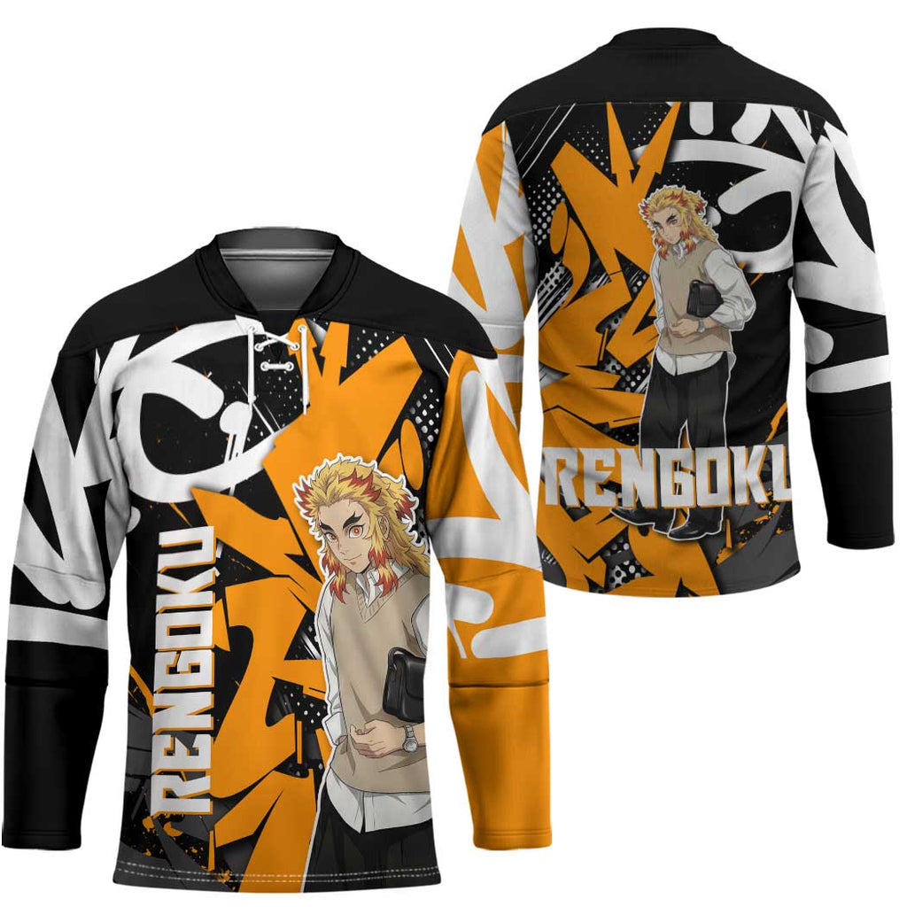 Kyojuro Rengoku Demon Slayer Hockey Jersey Orange & Black Graffiti Anime