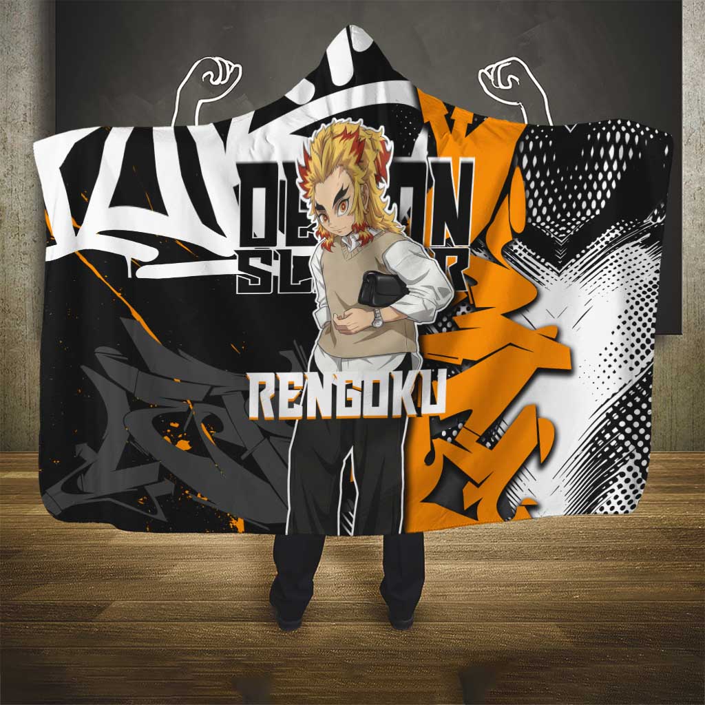 Kyojuro Rengoku Demon Slayer Hooded Blanket Orange & Black Graffiti Anime