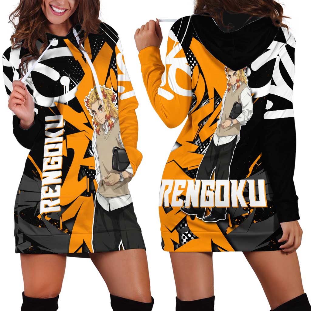 Kyojuro Rengoku Demon Slayer Hoodie Dress Orange & Black Graffiti Anime