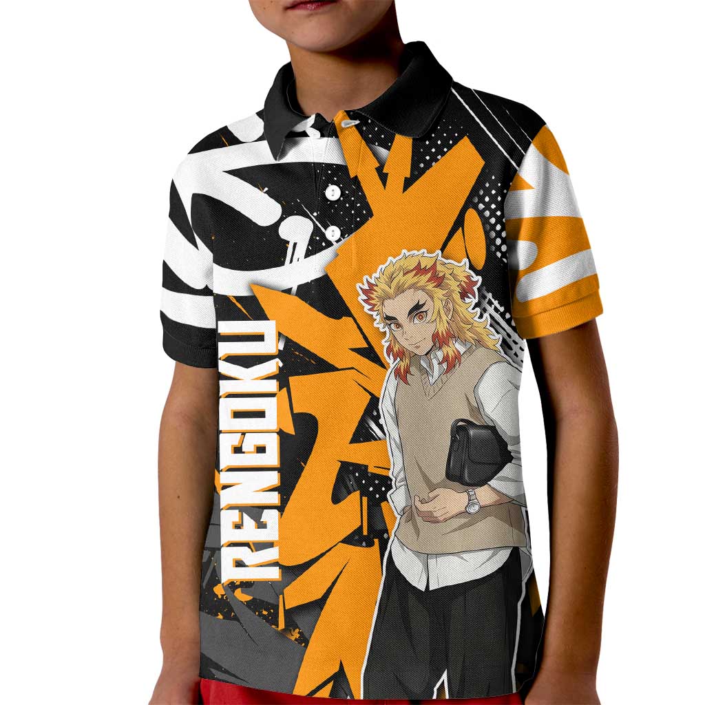 Kyojuro Rengoku Demon Slayer Kid Polo Shirt Orange & Black Graffiti Anime