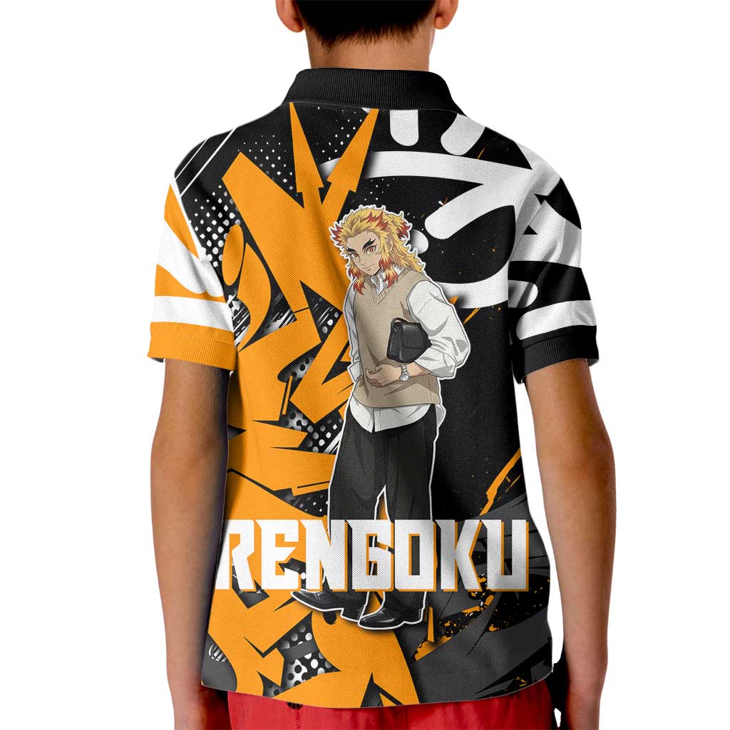 Kyojuro Rengoku Demon Slayer Kid Polo Shirt Orange & Black Graffiti Anime