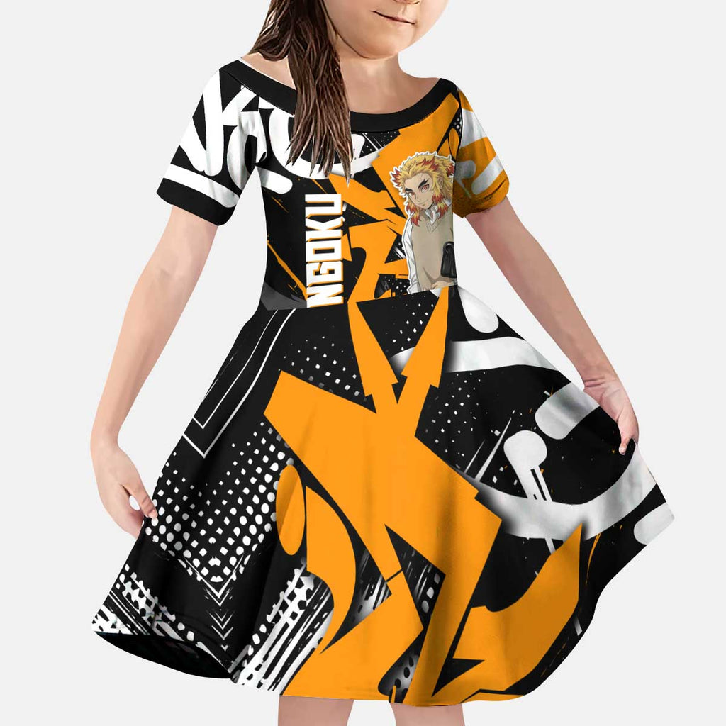 Kyojuro Rengoku Demon Slayer Kid Short Sleeve Dress Orange & Black Graffiti Anime
