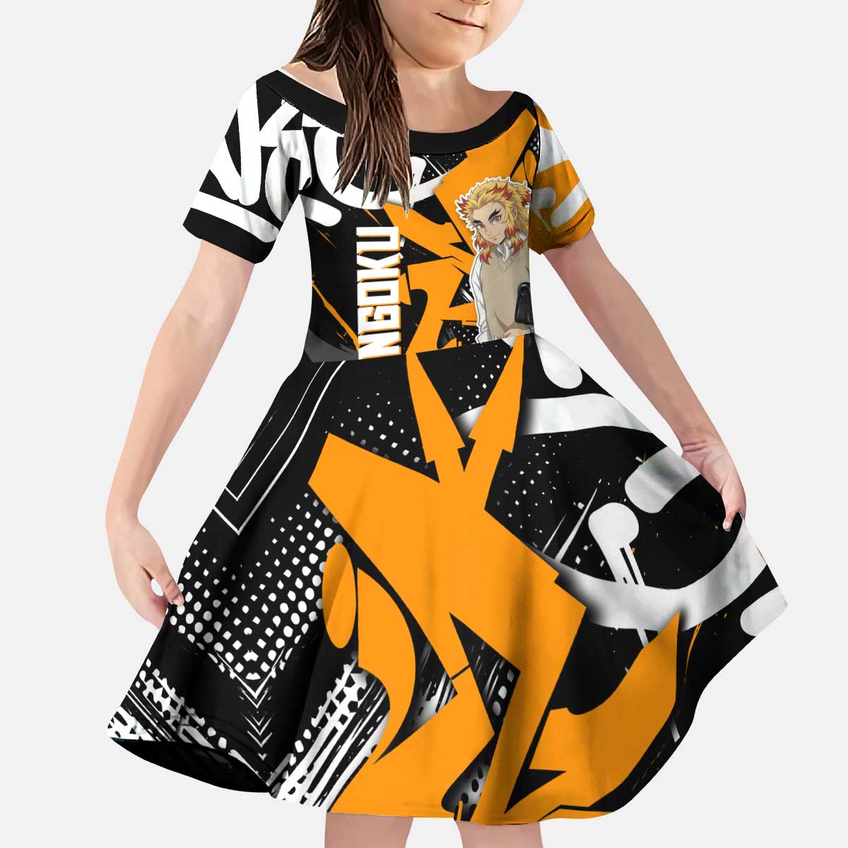 Kyojuro Rengoku Demon Slayer Kid Short Sleeve Dress Orange & Black Graffiti Anime