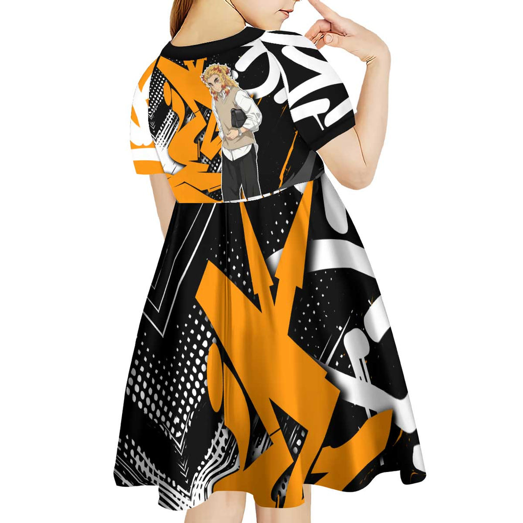 Kyojuro Rengoku Demon Slayer Kid Short Sleeve Dress Orange & Black Graffiti Anime