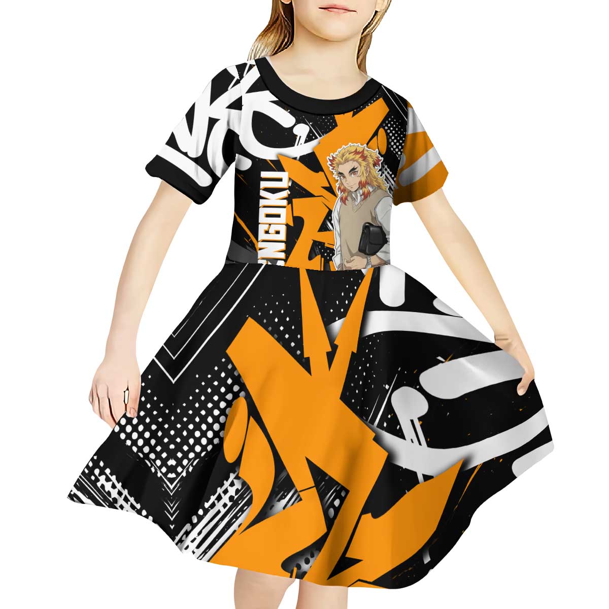 Kyojuro Rengoku Demon Slayer Kid Short Sleeve Dress Orange & Black Graffiti Anime