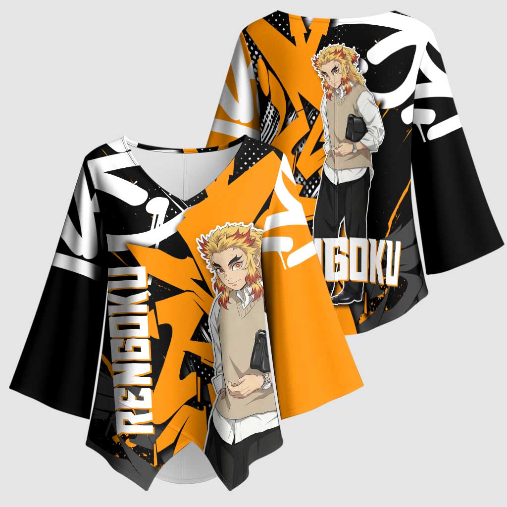 Kyojuro Rengoku Demon Slayer Kimono Sleeve Blouse Orange & Black Graffiti Anime