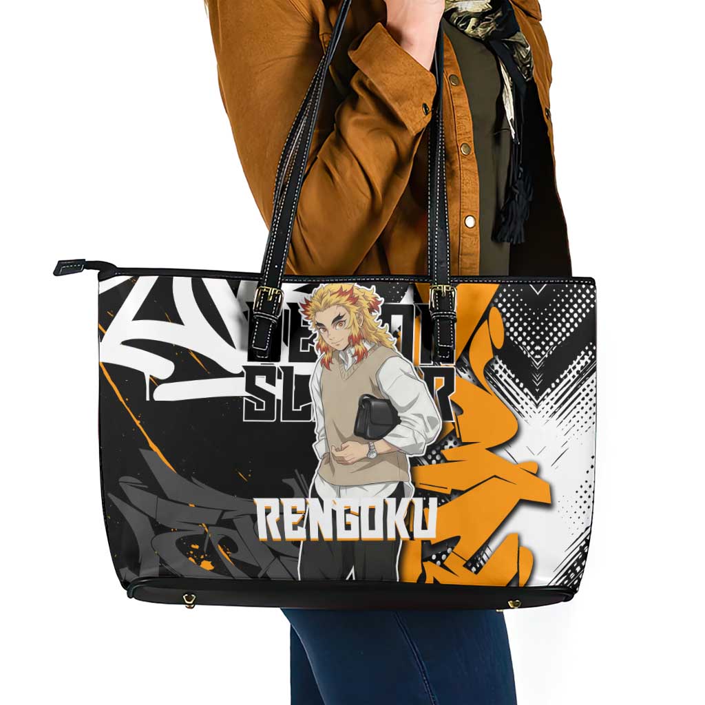Kyojuro Rengoku Demon Slayer Leather Tote Bag Orange & Black Graffiti Anime