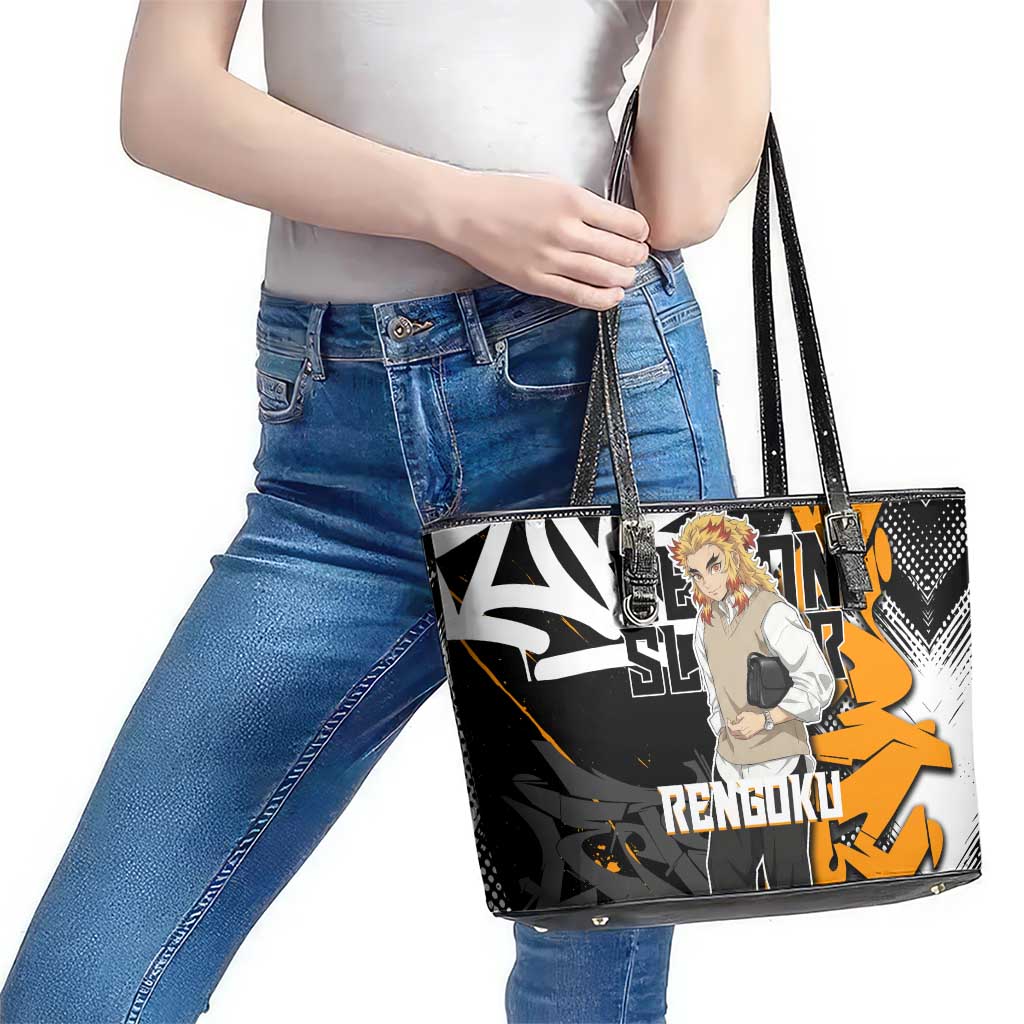 Kyojuro Rengoku Demon Slayer Leather Tote Bag Orange & Black Graffiti Anime