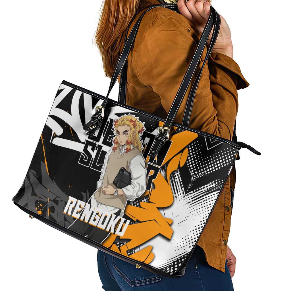 Kyojuro Rengoku Demon Slayer Leather Tote Bag Orange & Black Graffiti Anime