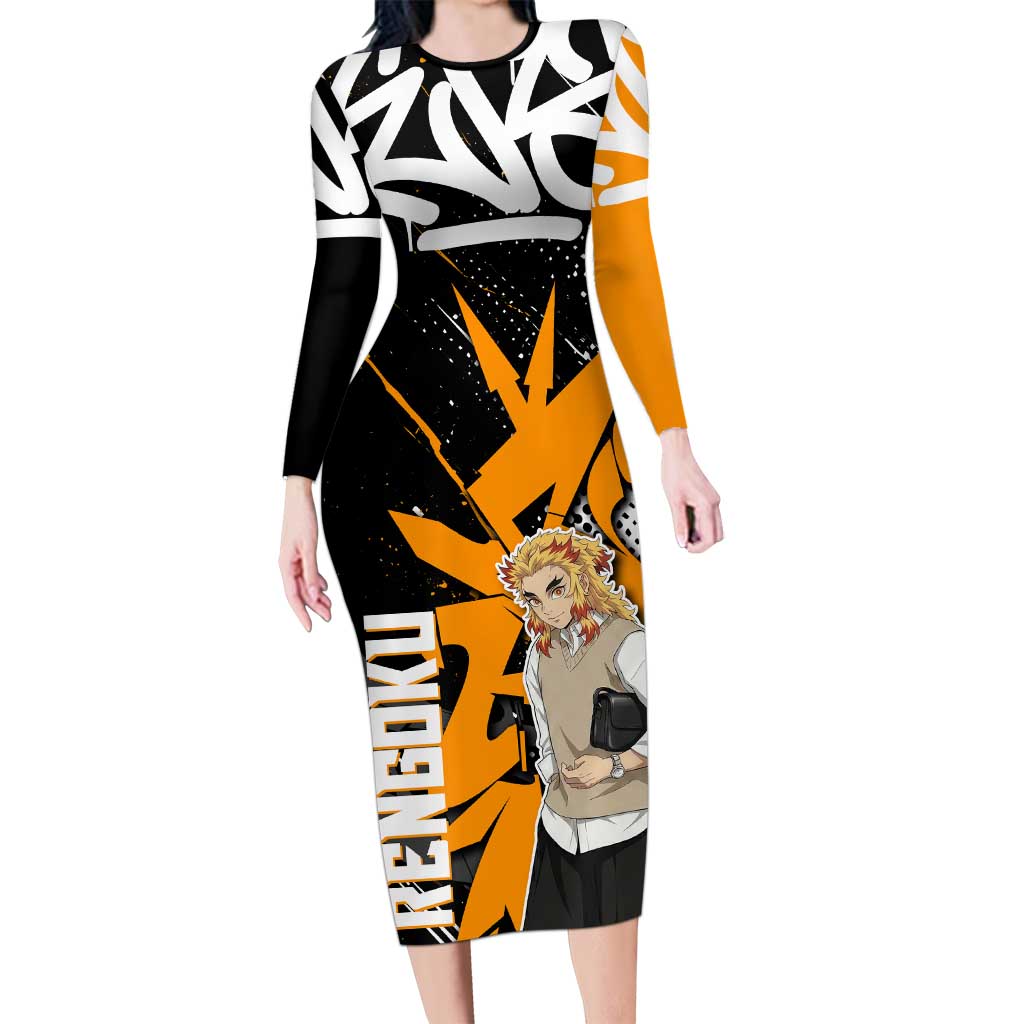 Kyojuro Rengoku Demon Slayer Long Sleeve Bodycon Dress Orange & Black Graffiti Anime