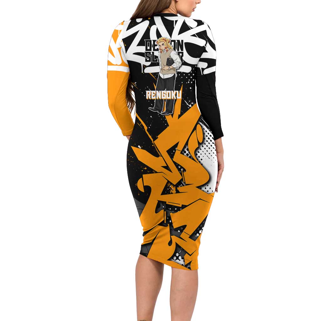 Kyojuro Rengoku Demon Slayer Long Sleeve Bodycon Dress Orange & Black Graffiti Anime