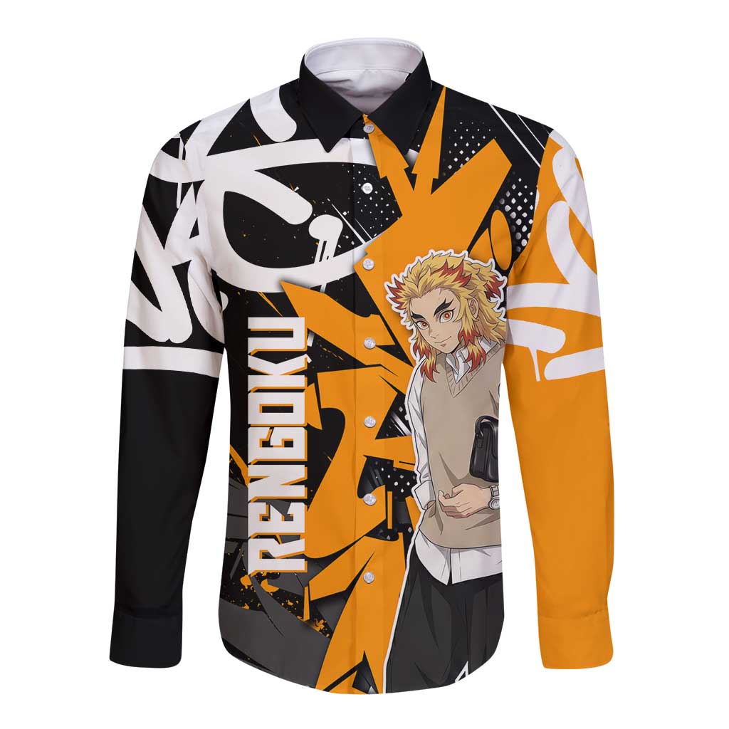 Kyojuro Rengoku Demon Slayer Long Sleeve Button Shirt Orange & Black Graffiti Anime