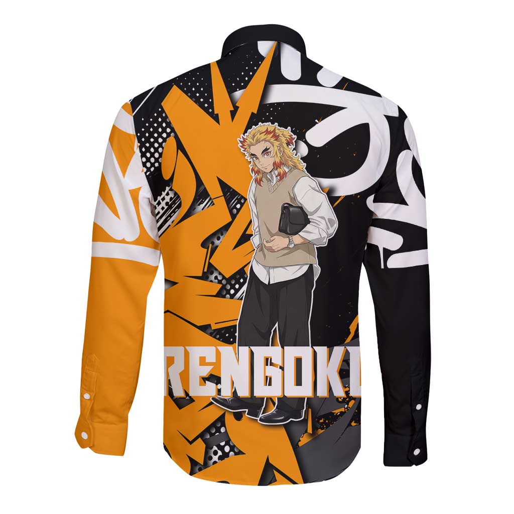 Kyojuro Rengoku Demon Slayer Long Sleeve Button Shirt Orange & Black Graffiti Anime