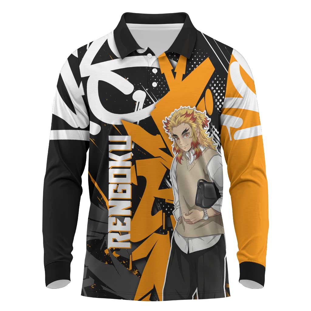 Kyojuro Rengoku Demon Slayer Long Sleeve Polo Shirt Orange & Black Graffiti Anime