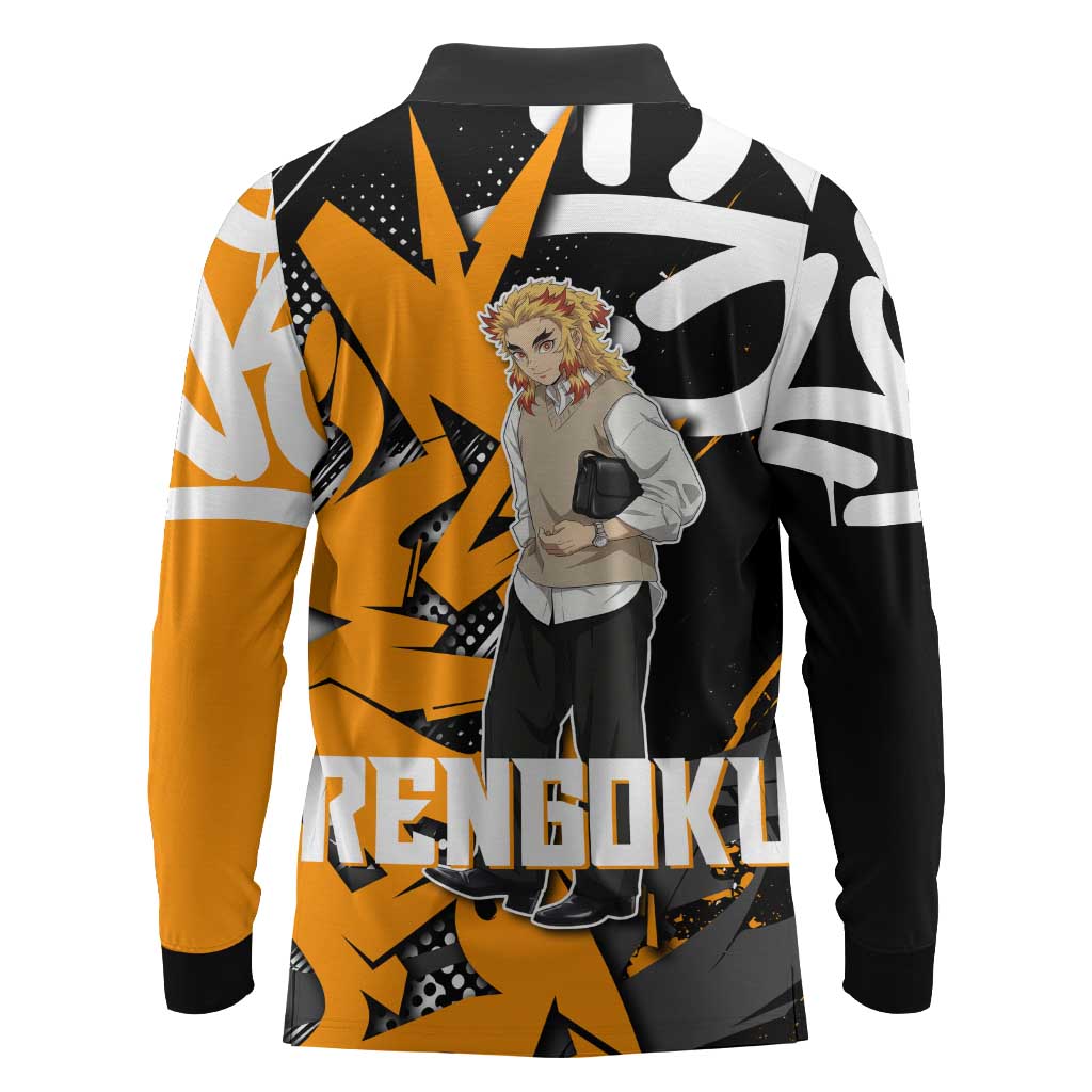 Kyojuro Rengoku Demon Slayer Long Sleeve Polo Shirt Orange & Black Graffiti Anime