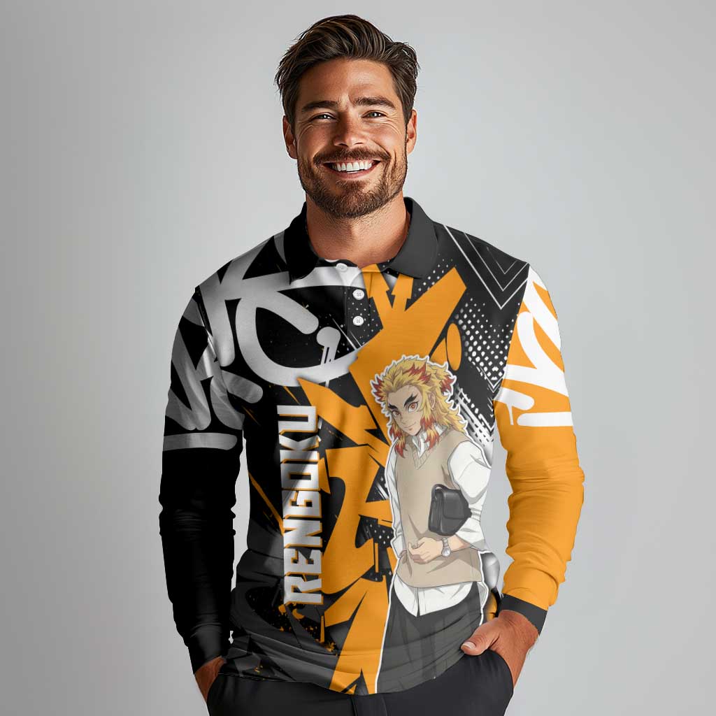 Kyojuro Rengoku Demon Slayer Long Sleeve Polo Shirt Orange & Black Graffiti Anime