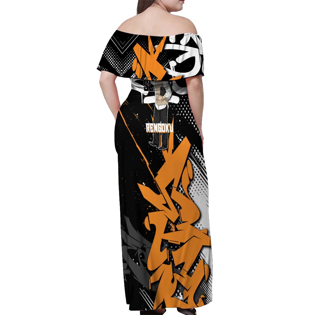 Kyojuro Rengoku Demon Slayer Off Shoulder Maxi Dress Orange & Black Graffiti Anime