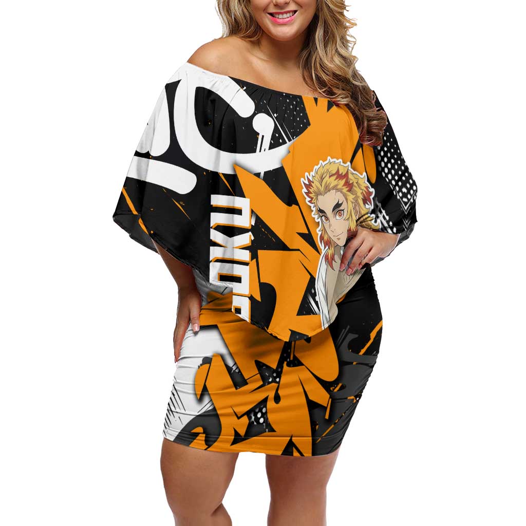 Kyojuro Rengoku Demon Slayer Off Shoulder Short Dress Orange & Black Graffiti Anime