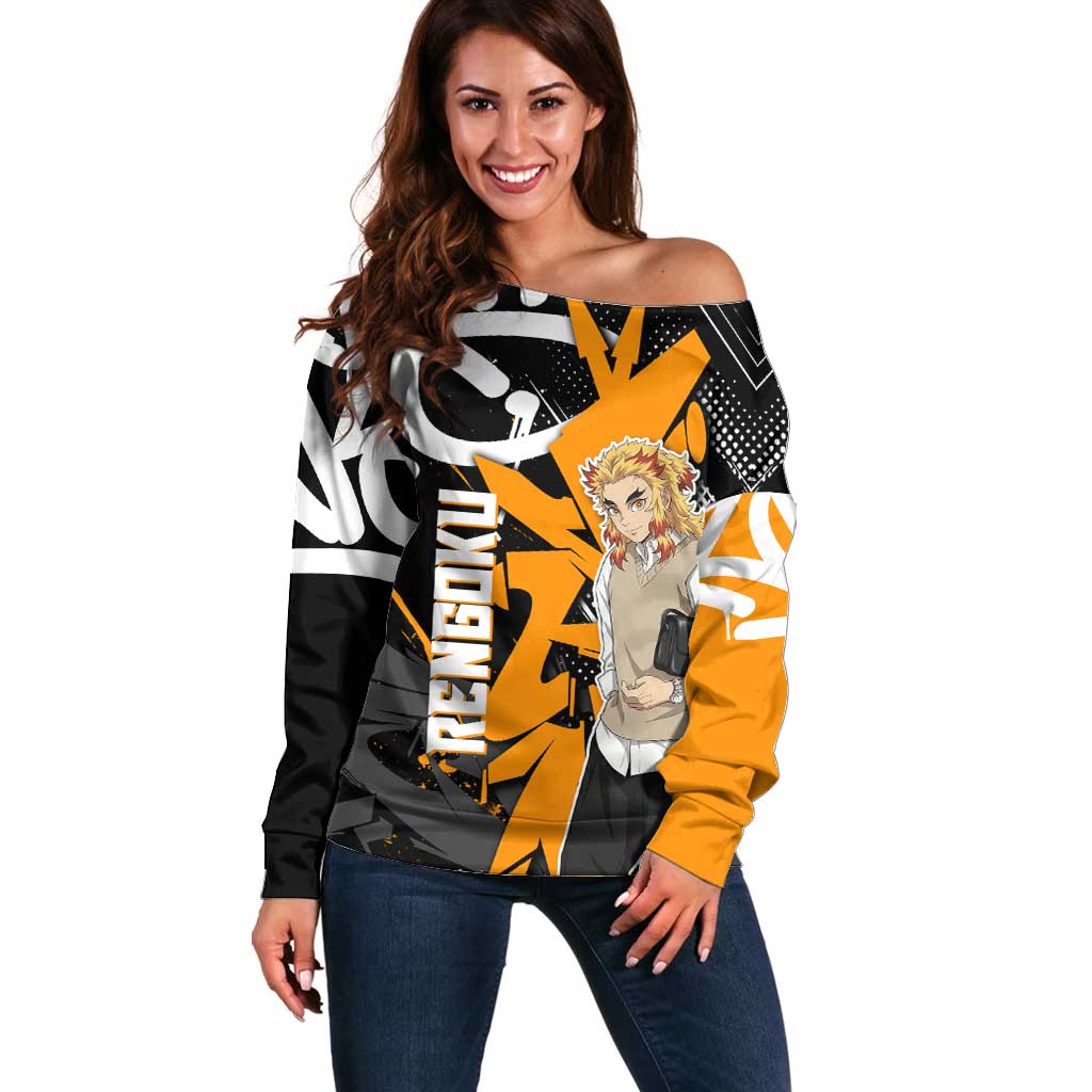 Kyojuro Rengoku Demon Slayer Off Shoulder Sweater Orange & Black Graffiti Anime