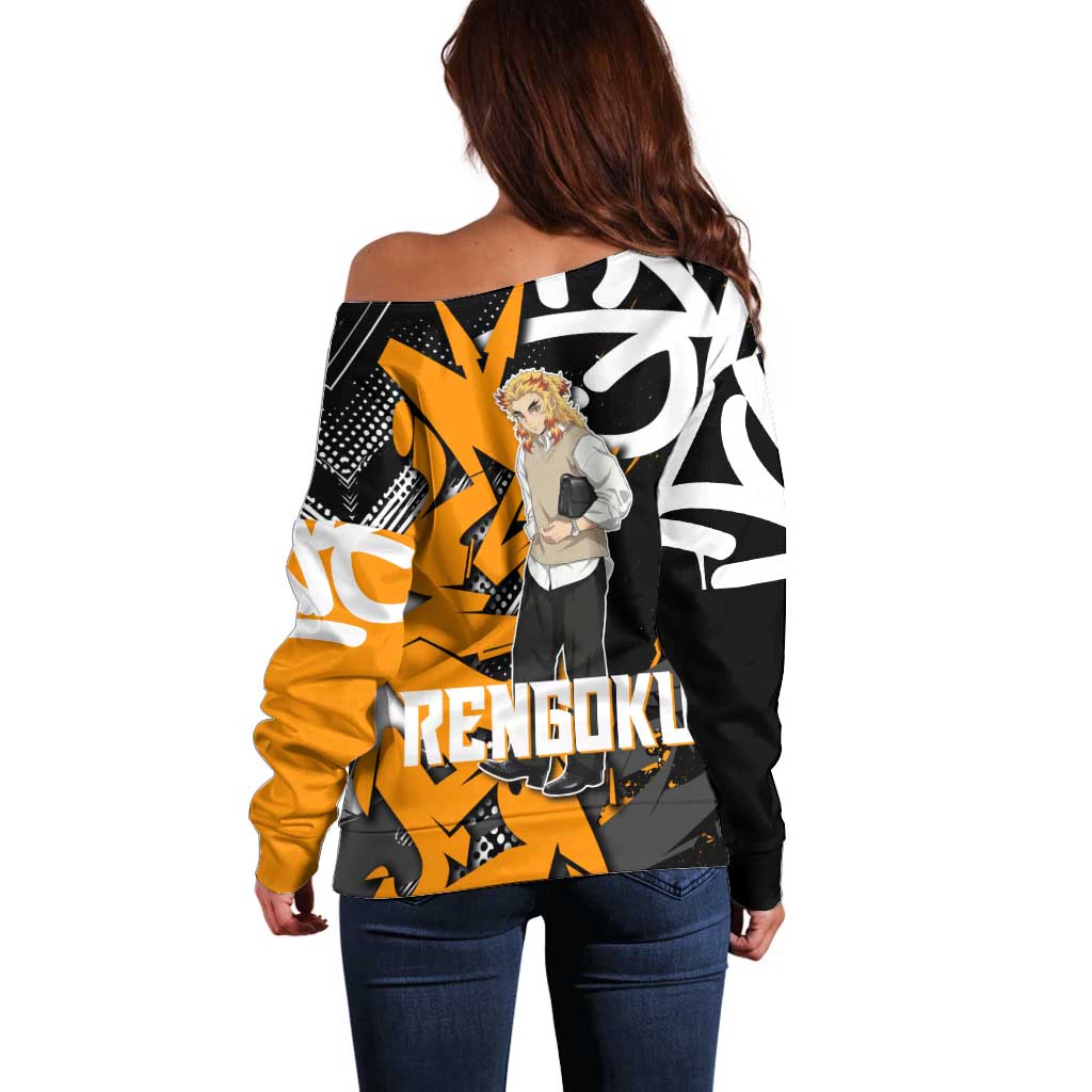 Kyojuro Rengoku Demon Slayer Off Shoulder Sweater Orange & Black Graffiti Anime