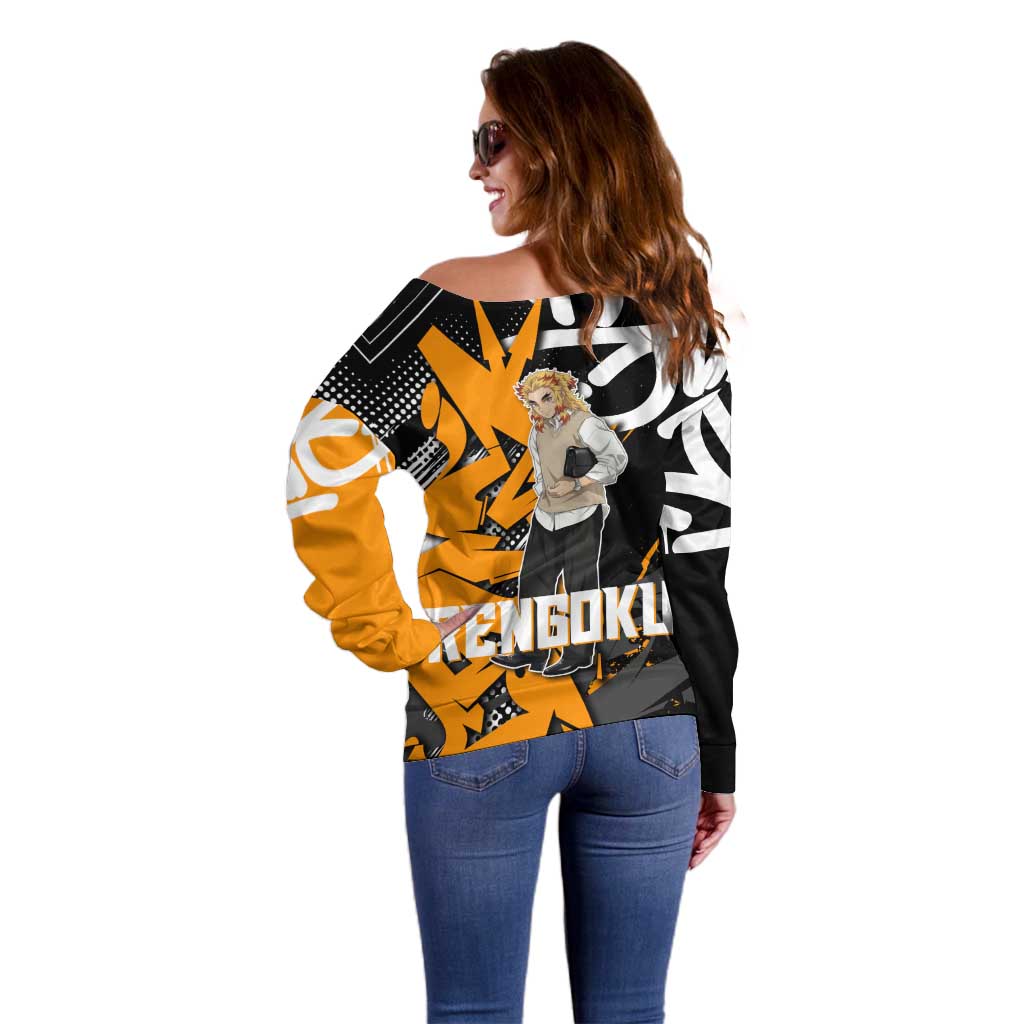 Kyojuro Rengoku Demon Slayer Off Shoulder Sweater Orange & Black Graffiti Anime