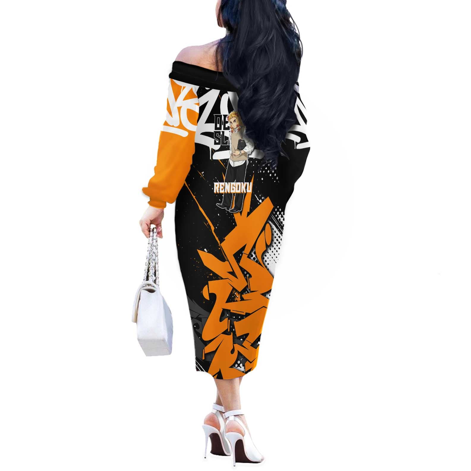 Kyojuro Rengoku Demon Slayer Off The Shoulder Long Sleeve Dress Orange & Black Graffiti Anime