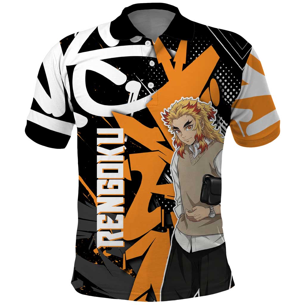 Kyojuro Rengoku Demon Slayer Polo Shirt Orange & Black Graffiti Anime