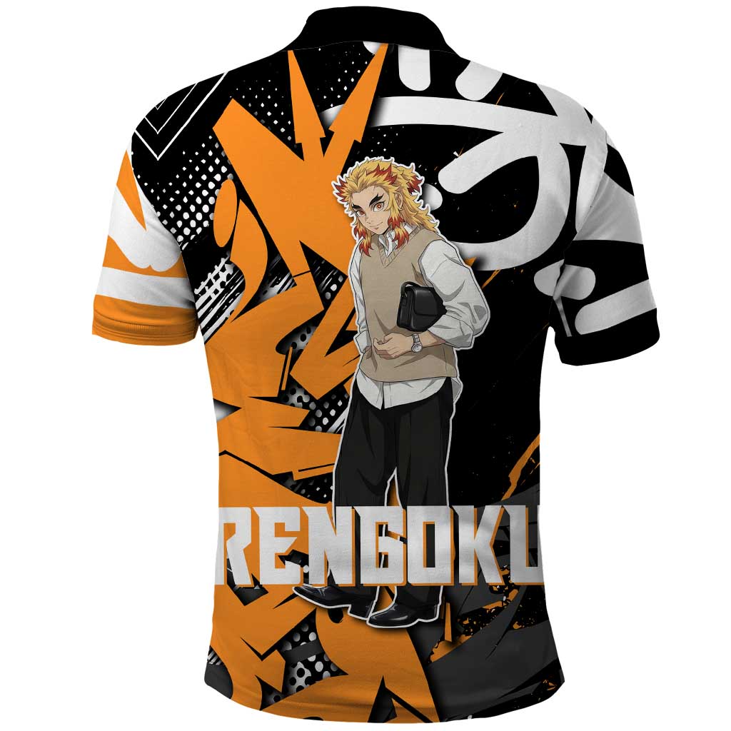 Kyojuro Rengoku Demon Slayer Polo Shirt Orange & Black Graffiti Anime