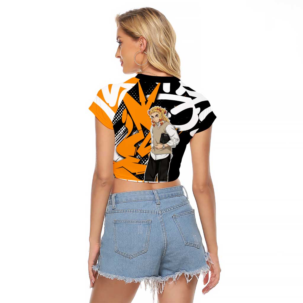 Kyojuro Rengoku Demon Slayer Raglan Cropped T Shirt Orange & Black Graffiti Anime