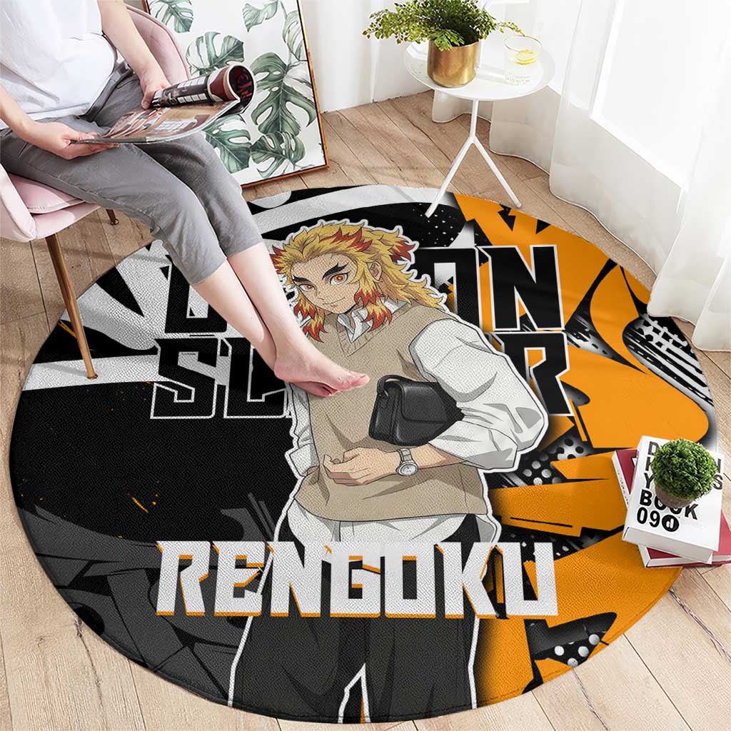 Kyojuro Rengoku Demon Slayer Round Carpet Orange & Black Graffiti Anime