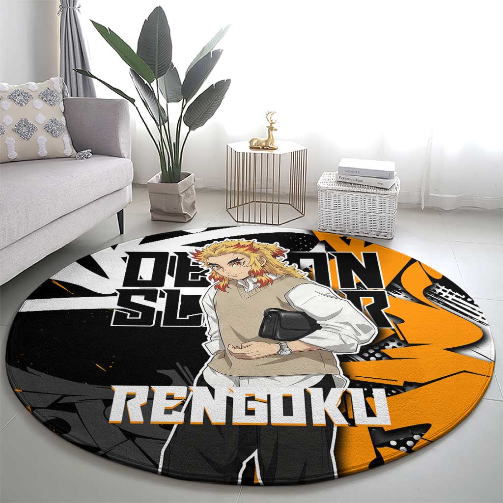 Kyojuro Rengoku Demon Slayer Round Carpet Orange & Black Graffiti Anime