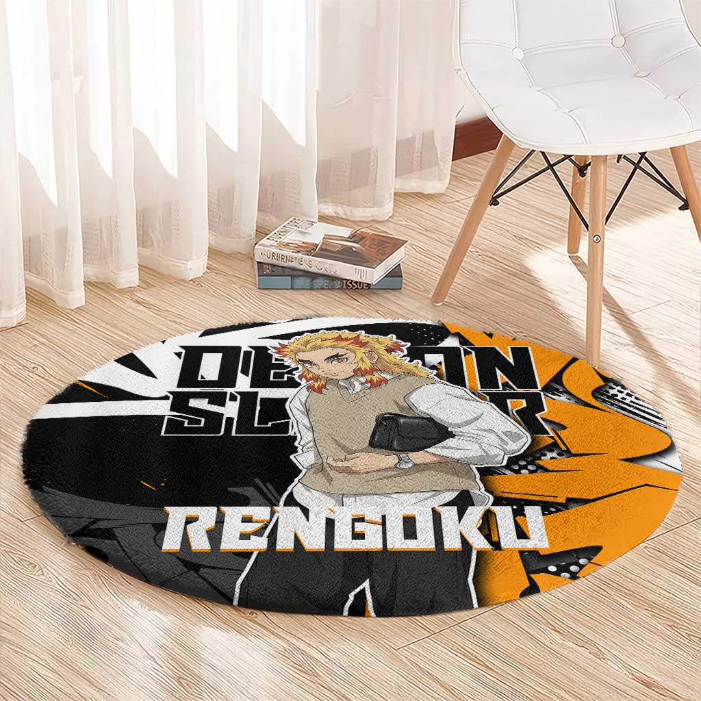 Kyojuro Rengoku Demon Slayer Round Carpet Orange & Black Graffiti Anime