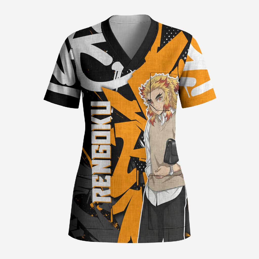 Kyojuro Rengoku Demon Slayer Scrub Top Orange & Black Graffiti Anime