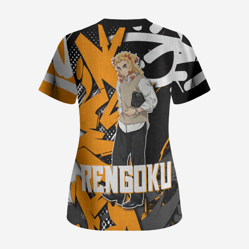 Kyojuro Rengoku Demon Slayer Scrub Top Orange & Black Graffiti Anime