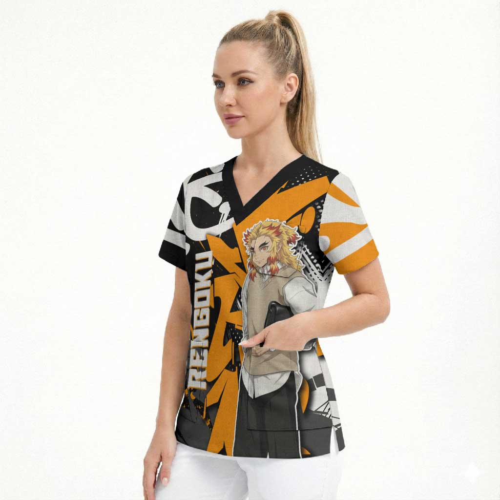 Kyojuro Rengoku Demon Slayer Scrub Top Orange & Black Graffiti Anime