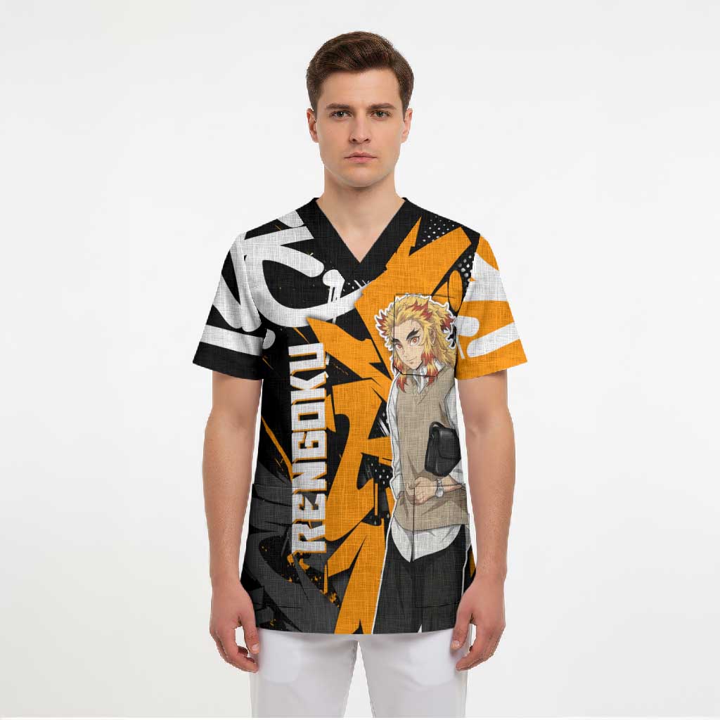 Kyojuro Rengoku Demon Slayer Scrub Top Orange & Black Graffiti Anime